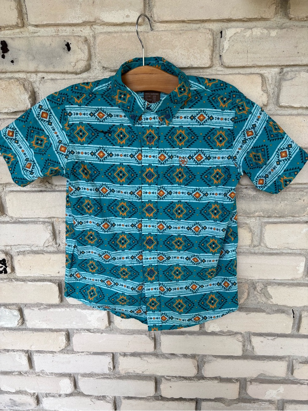Boys Ariat Konner Classic Turquoise Patterned Short-Sleeve Shirt. S/8